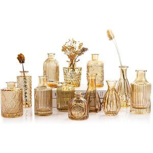 Gold Amber Glass Bud Vases Set of 12, Small Vases for Flowers, Champagne Mini Vi